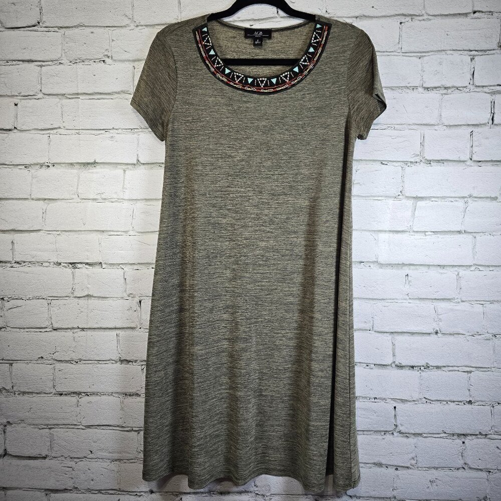 AGB SHIFT DRESS OLIVE GREEN BEADED NECKLINE SHORT SLEEVE SIZE 6